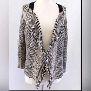 Gerard Darel Paris Black Tan Knit Fringe Open Draped Cardigan